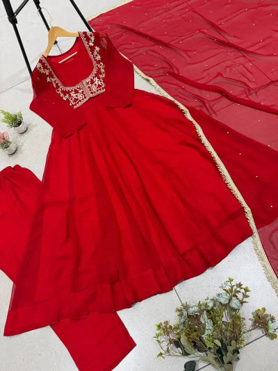 Red Georgette Karwachauth Embroidered Gown Suit Set UK Next Day