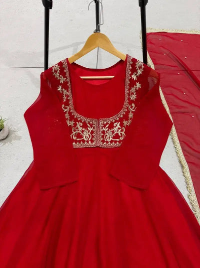 Red Georgette Karwachauth Embroidered Gown Suit Set UK Next Day