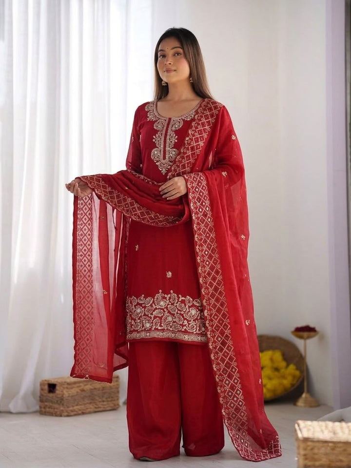Red Embroidery Work Palazzo Suit Set UK Next Day