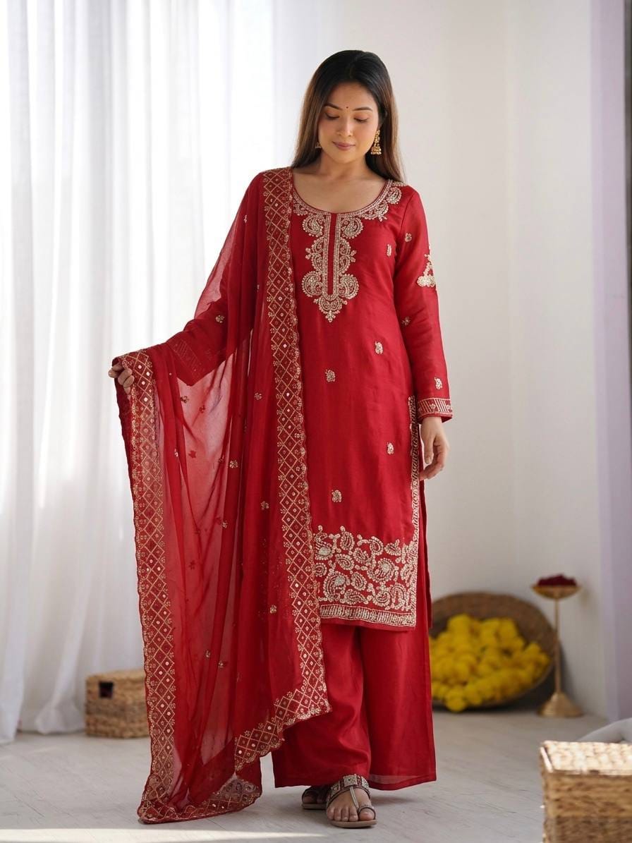 Red Embroidery Work Palazzo Suit Set UK Next Day