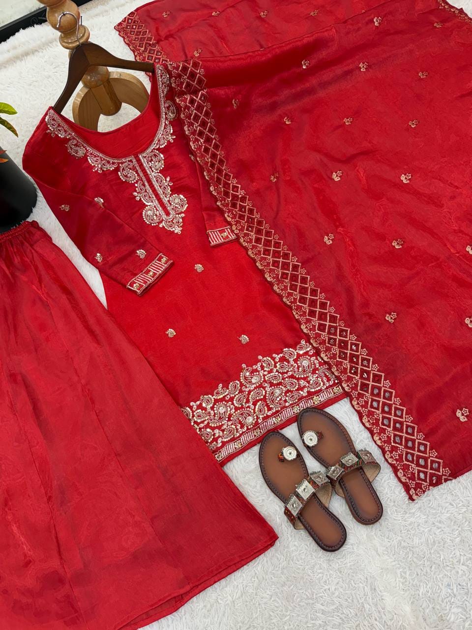 Red Embroidery Work Palazzo Suit Set UK Next Day