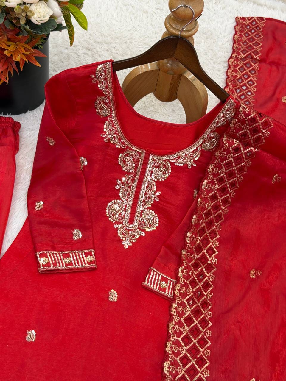 Red Embroidery Work Palazzo Suit Set UK Next Day