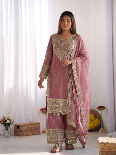 Rose Pink Embroidery Work Tissue Silk Full Sleeves Palazzo Suit UK Next Day