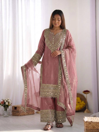 Rose Pink Embroidery Work Tissue Silk Full Sleeves Palazzo Suit UK Next Day