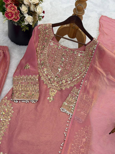 Rose Pink Embroidery Work Tissue Silk Full Sleeves Palazzo Suit UK Next Day