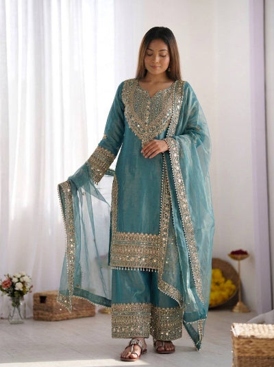Ice Blue Embroidery Work Tissue Silk Full Sleeves Palazzo Suit UK Next Day