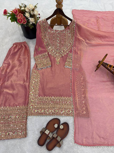 Rose Pink Embroidery Work Tissue Silk Full Sleeves Palazzo Suit UK Next Day