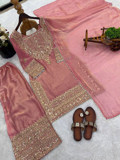 Rose Pink Embroidery Work Tissue Silk Full Sleeves Palazzo Suit UK Next Day