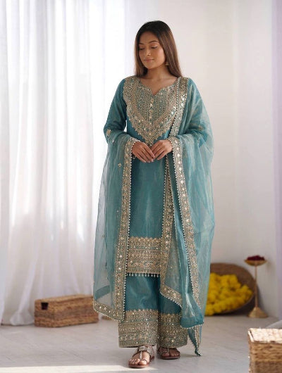 Ice Blue Embroidery Work Tissue Silk Full Sleeves Palazzo Suit UK Next Day