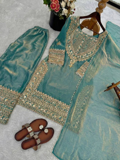 Ice Blue Embroidery Work Tissue Silk Full Sleeves Palazzo Suit UK Next Day