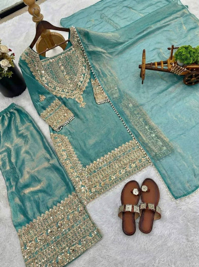 Ice Blue Embroidery Work Tissue Silk Full Sleeves Palazzo Suit UK Next Day