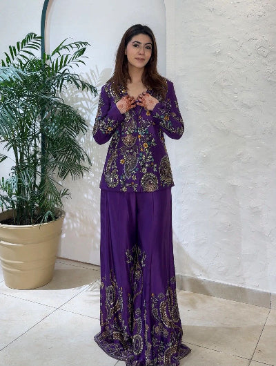 Purple Embroidery Work Palazzo Top With Jacket UK Next Day