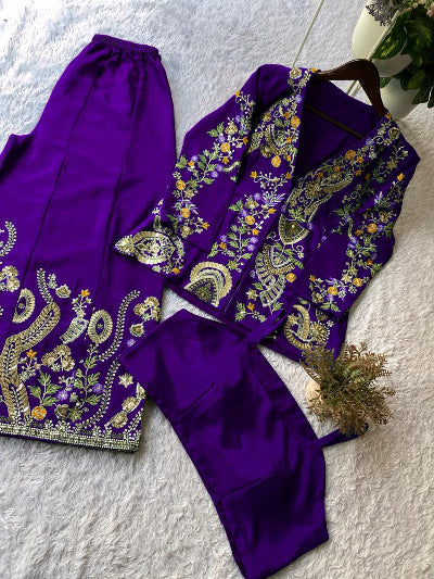 Purple Embroidery Work Palazzo Top With Jacket UK Next Day