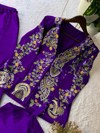 Purple Embroidery Work Palazzo Top With Jacket UK Next Day