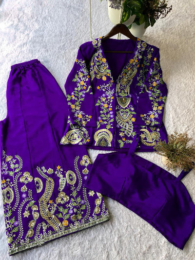 Purple Embroidery Work Palazzo Top With Jacket UK Next Day