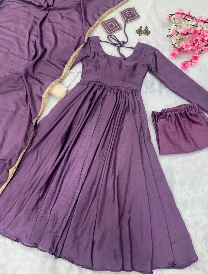 Lavender Chinon Silk Anarkali Suit Set UK Next Day