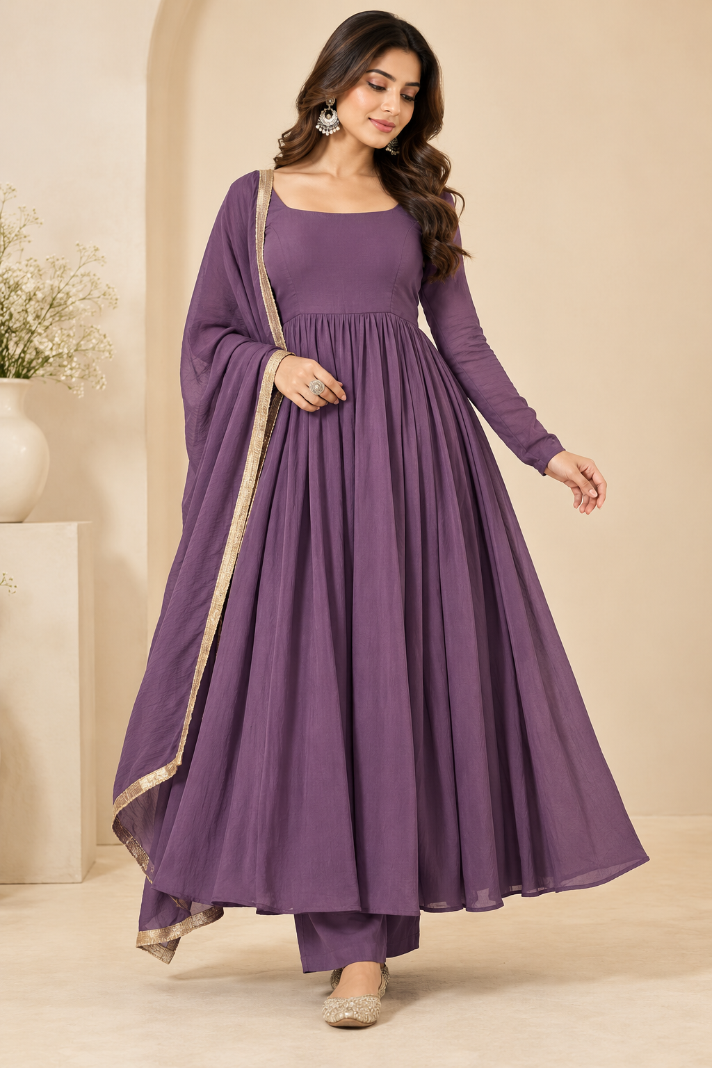 Lavender Chinon Silk Anarkali Suit Set UK Next Day