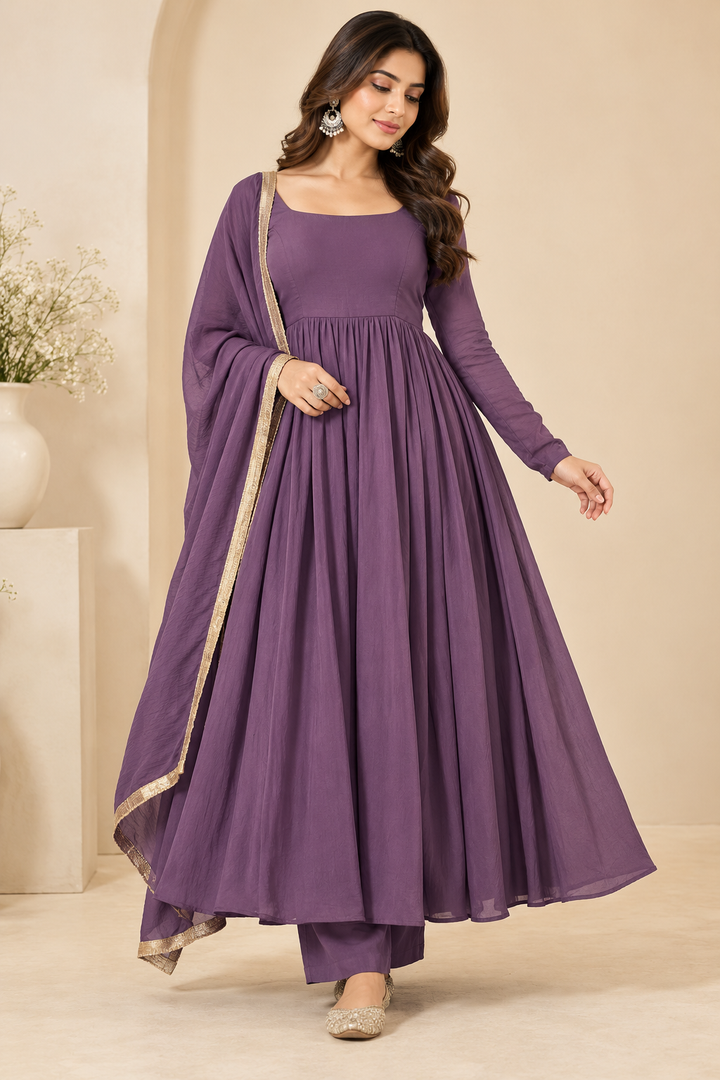 Lavender Chinon Silk Anarkali Suit Set UK Next Day