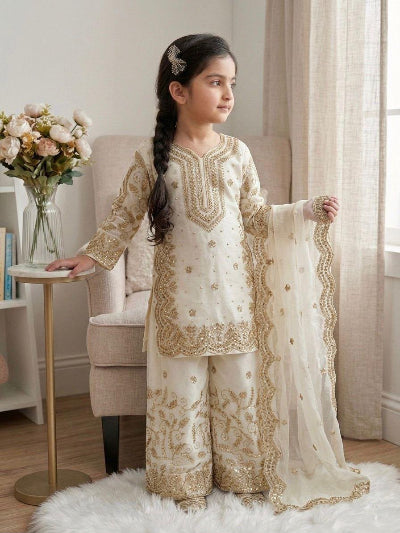 Kids White Tissue Silk Embroidered Festive Palazzo Set UK Next Day