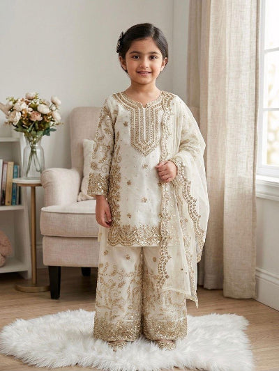 Kids White Tissue Silk Embroidered Festive Palazzo Set UK Next Day