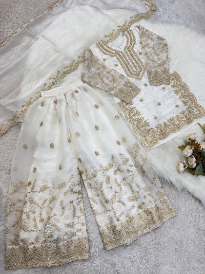 Kids White Tissue Silk Embroidered Festive Palazzo Set UK Next Day