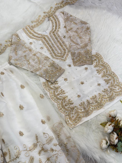 Kids White Tissue Silk Embroidered Festive Palazzo Set UK Next Day