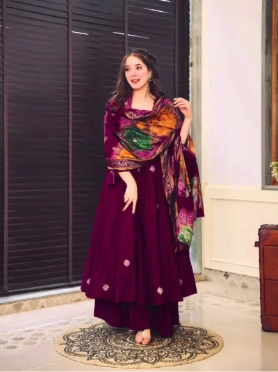 Burgandy Chinon Silk Flair Anarkali Suit UK Next Day