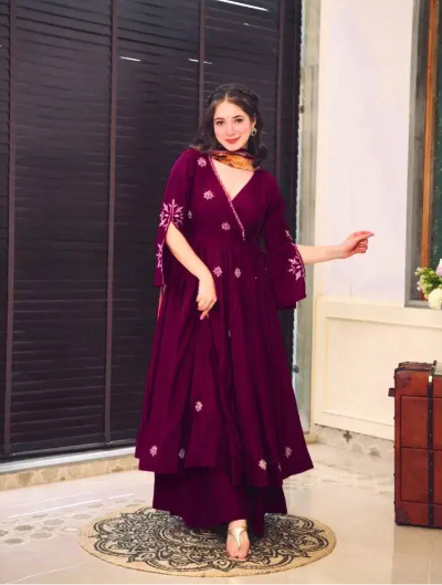 Burgandy Chinon Silk Flair Anarkali Suit UK Next Day