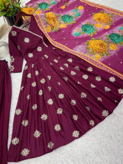 Burgandy Chinon Silk Flair Anarkali Suit UK Next Day