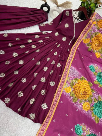 Burgandy Chinon Silk Flair Anarkali Suit UK Next Day