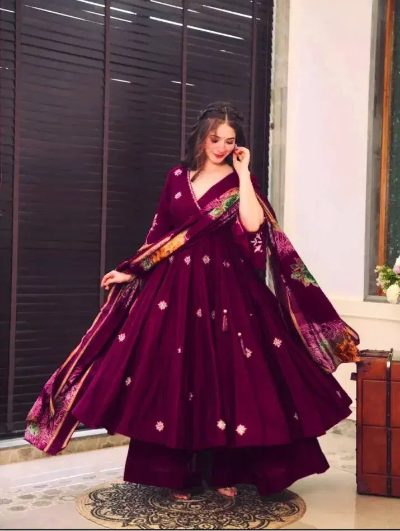 Burgandy Chinon Silk Flair Anarkali Suit UK Next Day