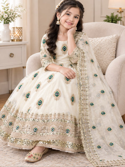 Kids White Silk Gown with Thread Embroidery Zari Sequins Dupatta Set UK Next Day