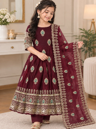 Kids Maroon Silk with Embroidery Sequins Work Gown Anarkali Set UK Next Day