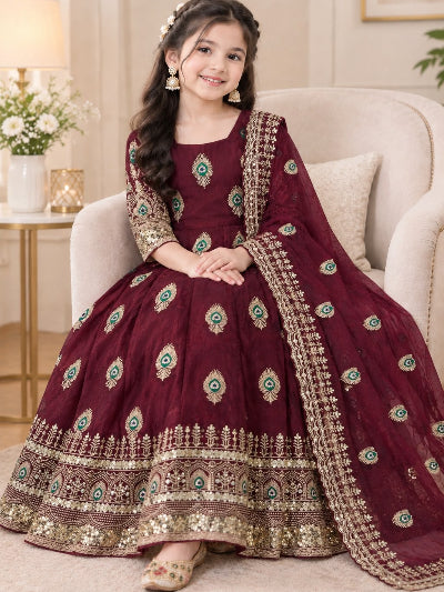 Kids Maroon Silk with Embroidery Sequins Work Gown Anarkali Set UK Next Day
