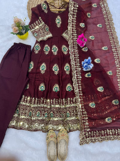 Kids Maroon Silk with Embroidery Sequins Work Gown Anarkali Set UK Next Day
