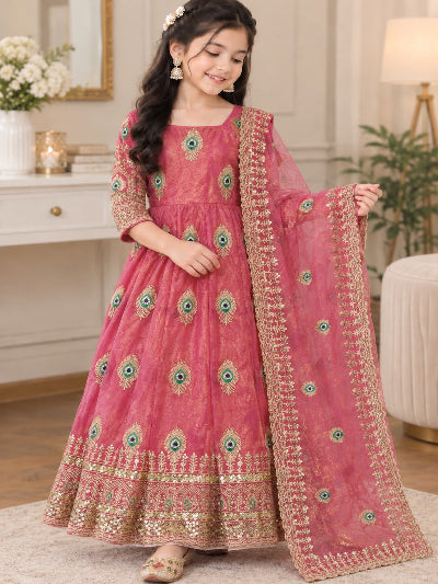 Kids Pink Silk with Embroidery Sequins Work Gown Anarkali Set UK Next Day