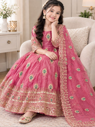 Kids Pink Silk with Embroidery Sequins Work Gown Anarkali Set UK Next Day