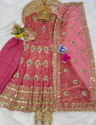 Kids Pink Silk with Embroidery Sequins Work Gown Anarkali Set UK Next Day