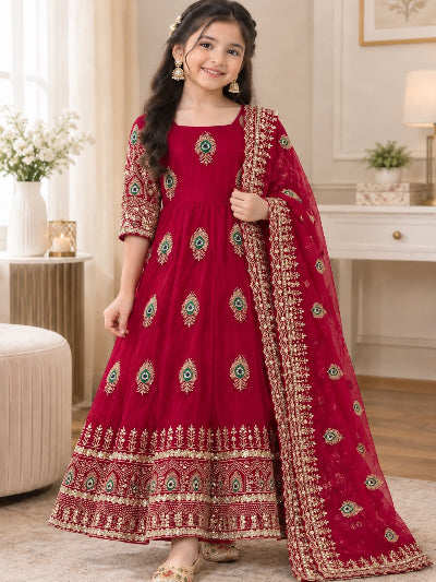 Kids Red Silk with Embroidery Sequins Work Gown Anarkali Set UK Next Day