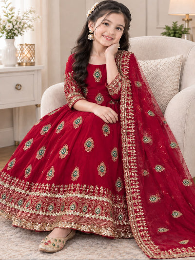 Kids Red Silk with Embroidery Sequins Work Gown Anarkali Set UK Next Day