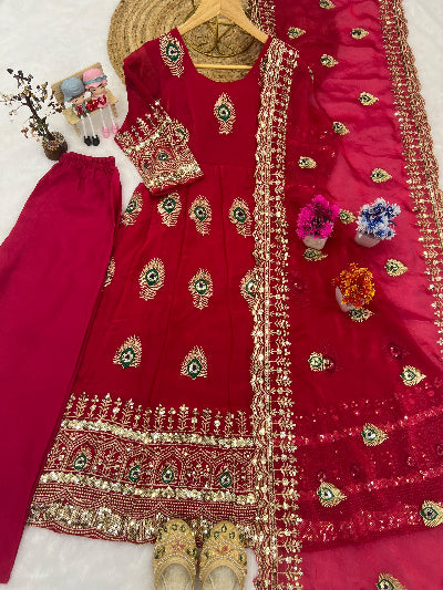 Kids Red Silk with Embroidery Sequins Work Gown Anarkali Set UK Next Day