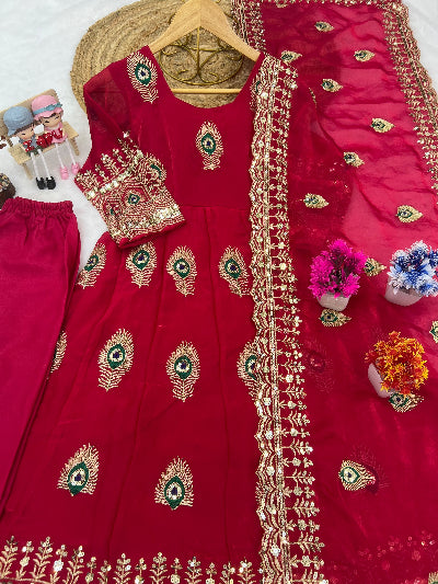 Kids Red Silk with Embroidery Sequins Work Gown Anarkali Set UK Next Day