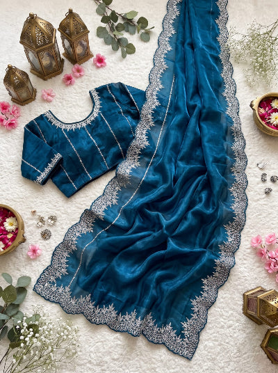 Teal Blue Organza Silk Embroidery Work Ready to Wear Saree with Free Stitched Blouse UK Next Day