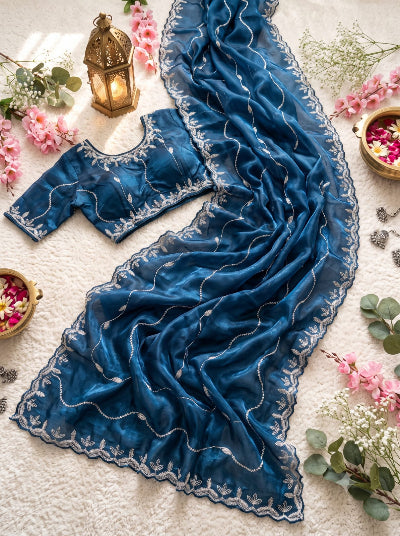Teal Blue Organza Silk Embroidery Work Ready to Wear Saree with Free Stitched Blouse UK Next Day