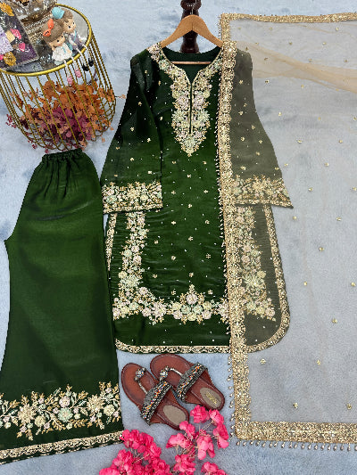 Dark Green Plus Size Tissue Silk Embroidery Work Palazzo Suit UK Next Day