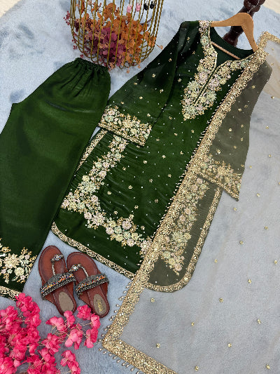 Dark Green Plus Size Tissue Silk Embroidery Work Palazzo Suit UK Next Day