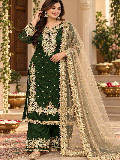 Dark Green Plus Size Tissue Silk Embroidery Work Palazzo Suit UK Next Day