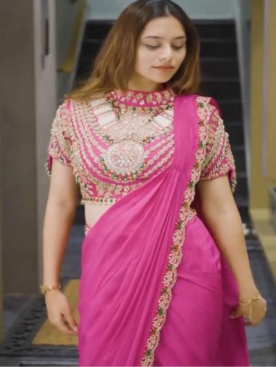 Pink Embroidery Work Ready to Wear Saree with Stitched Designer Blouse UK Next Day