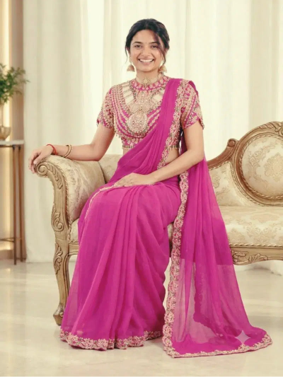 Pink Embroidery Work Ready to Wear Saree with Stitched Designer Blouse UK Next Day