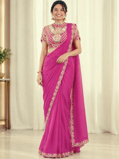 Pink Embroidery Work Ready to Wear Saree with Stitched Designer Blouse UK Next Day